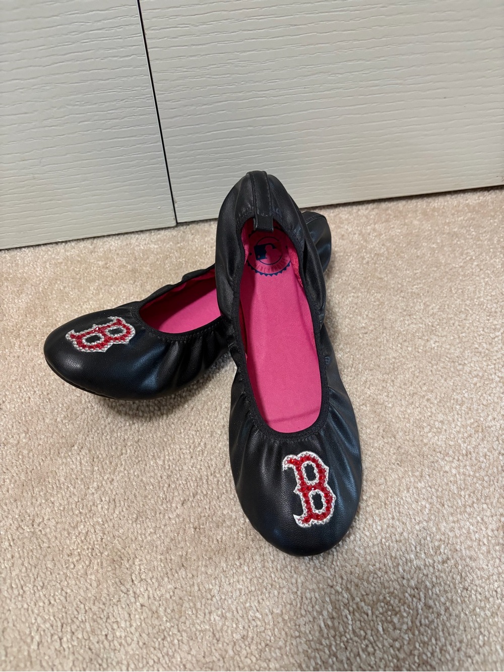 Women’s Black Ballet Flats with Pink Insole and Red Boston Red Sox Logo